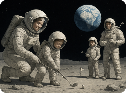 a family of astronauts playing golf on the moon